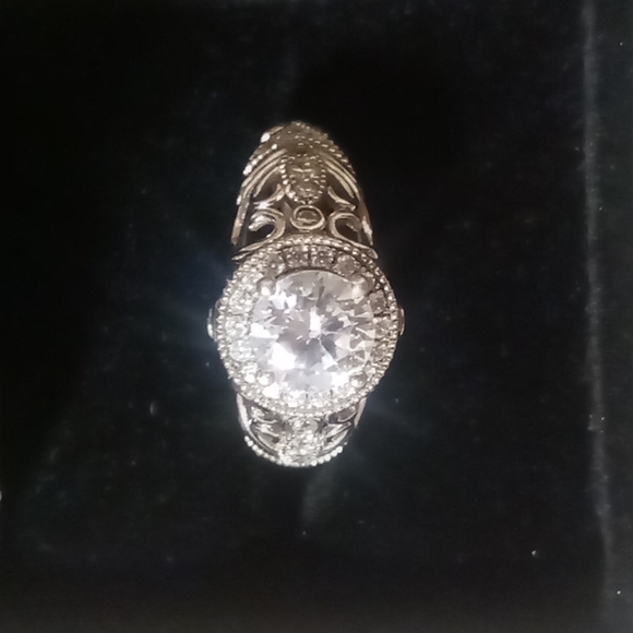 sterling silver Jewelry - Vintage style Ring with a lab created diamond encircled  pave diamonds & filagre